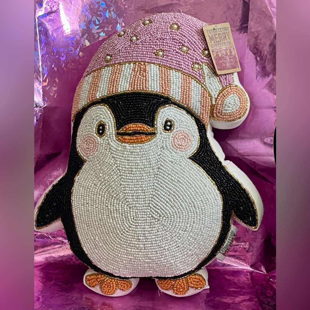 Penguin Beaded Embroidered  Decorative Beautiful 15" Pillow EXTRA EXTRA MERRY